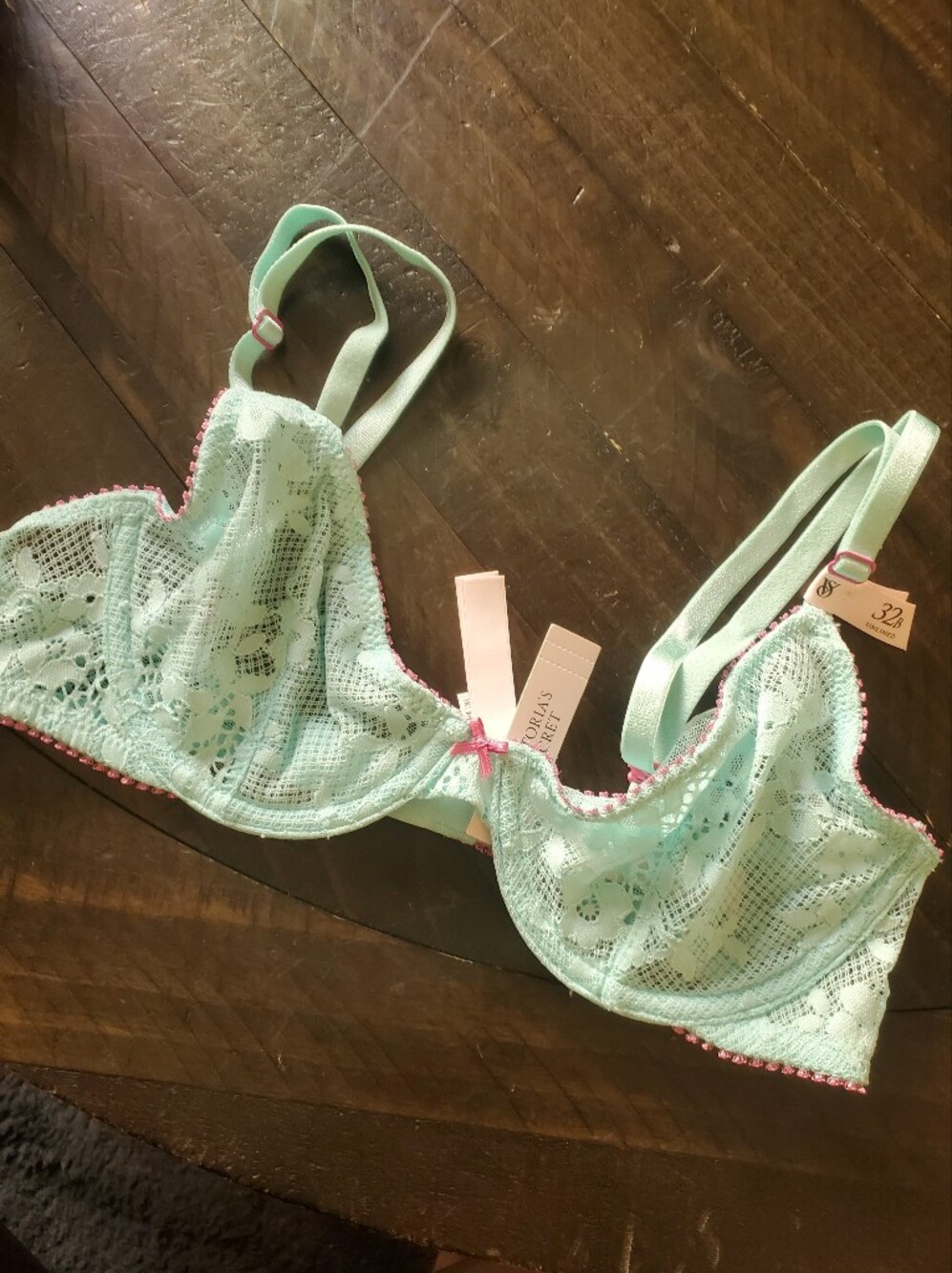 Victoria's Secret Mint Lace Bra with Pink Trim